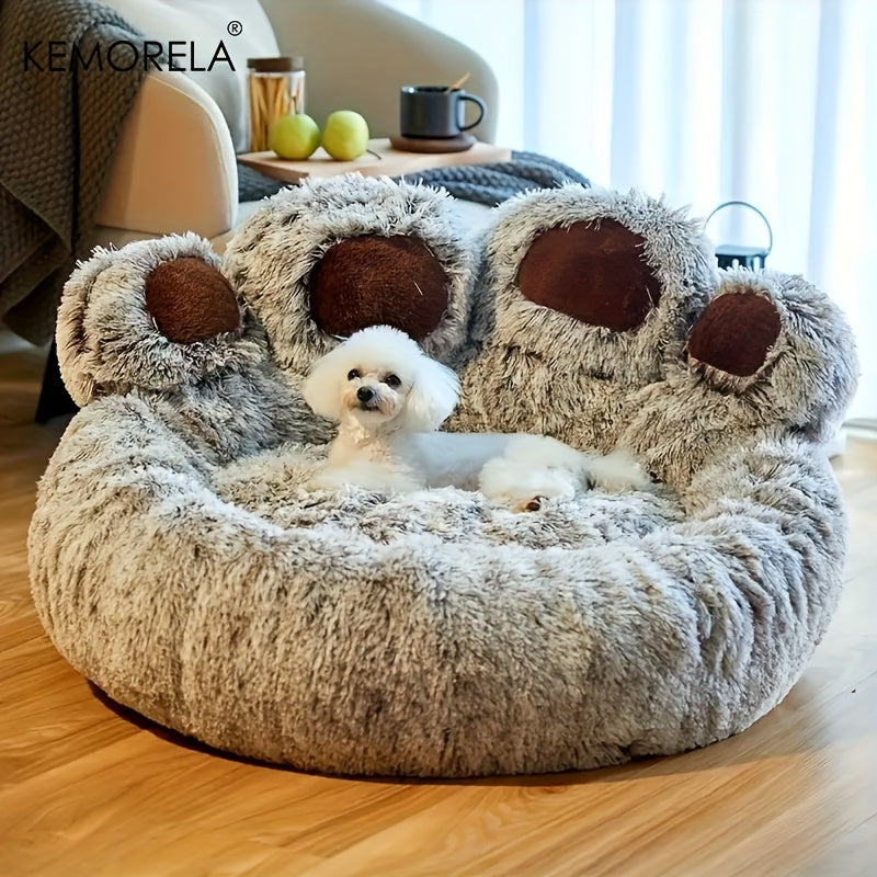 [KEMORELA Plush Pet Bed] KEMORELA Soft Bear Paw-Shaped Plush Pet Bed | Non-Slip Bottom, Polyester & Polyester Fiber Fill, Cozy Warm Cat & Dog Bed for Small Pets, Cute Animal-Themed Home Decor
