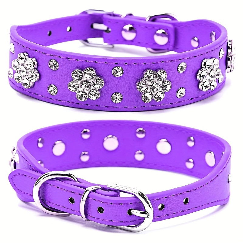 Adjustable Bling Dog Collar with Flower Rhinestones, Hand Wash Only, for Small to Large Pets, Cute Sparkling Pet Collar