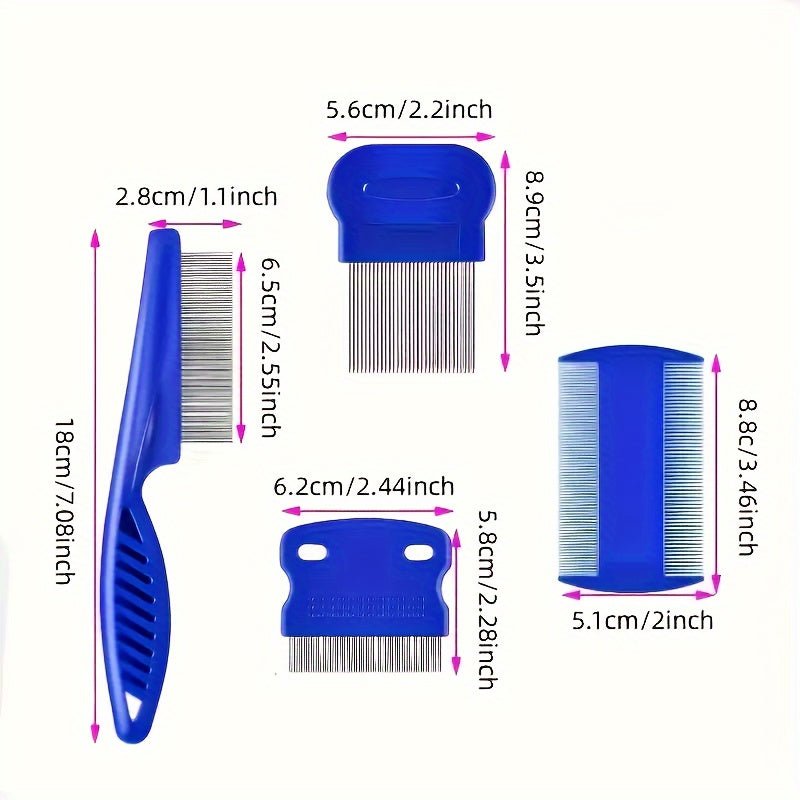 4pcs Flea & Lice Comb Set for Dogs and Cats - Stainless Steel, Blue, Double-Sided with Round Teeth, Ergonomic Handle, Professional Pet Grooming Tools, Ideal for All Pet Sizes, Pet Hygiene Essentials|Doublesided Comb|Durable P