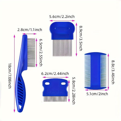 4pcs Flea & Lice Comb Set for Dogs and Cats - Stainless Steel, Blue, Double-Sided with Round Teeth, Ergonomic Handle, Professional Pet Grooming Tools, Ideal for All Pet Sizes, Pet Hygiene Essentials|Doublesided Comb|Durable P