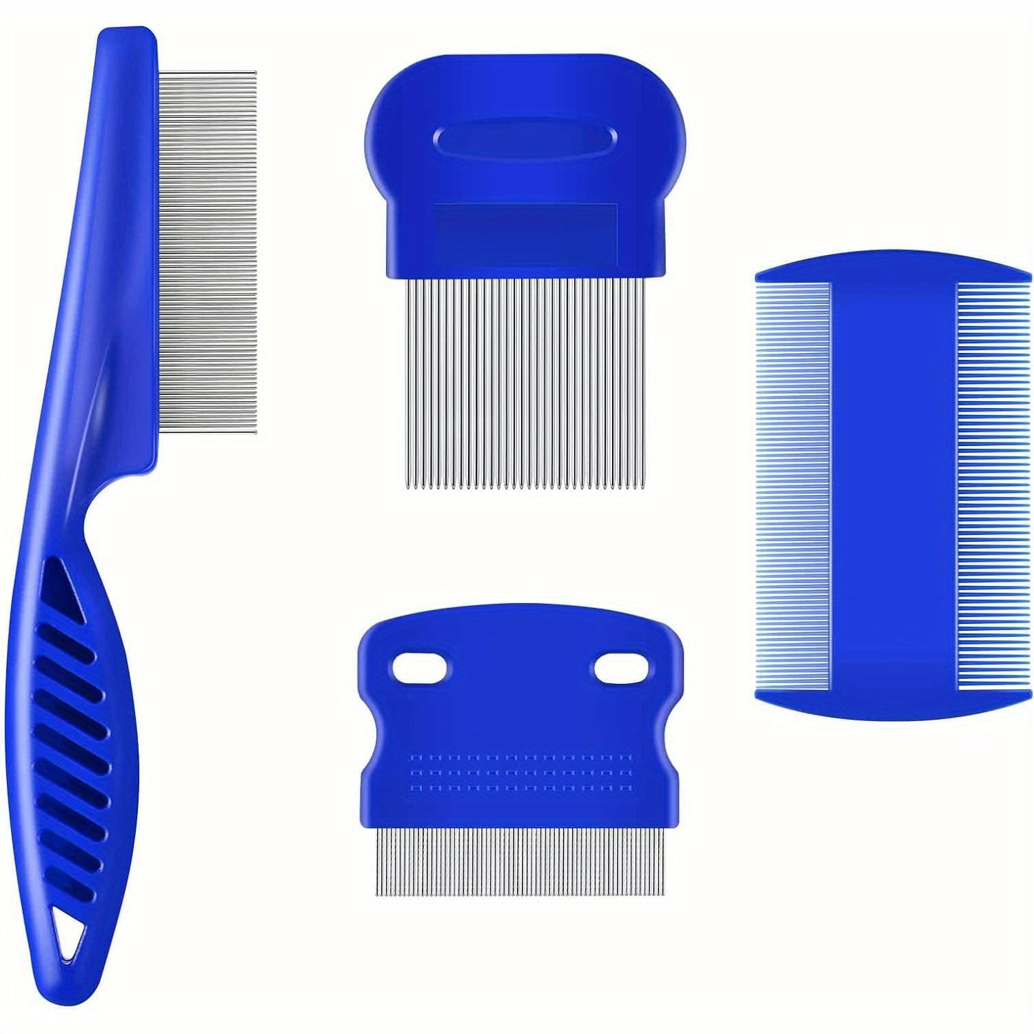 4pcs Flea & Lice Comb Set for Dogs and Cats - Stainless Steel, Blue, Double-Sided with Round Teeth, Ergonomic Handle, Professional Pet Grooming Tools, Ideal for All Pet Sizes, Pet Hygiene Essentials|Doublesided Comb|Durable P