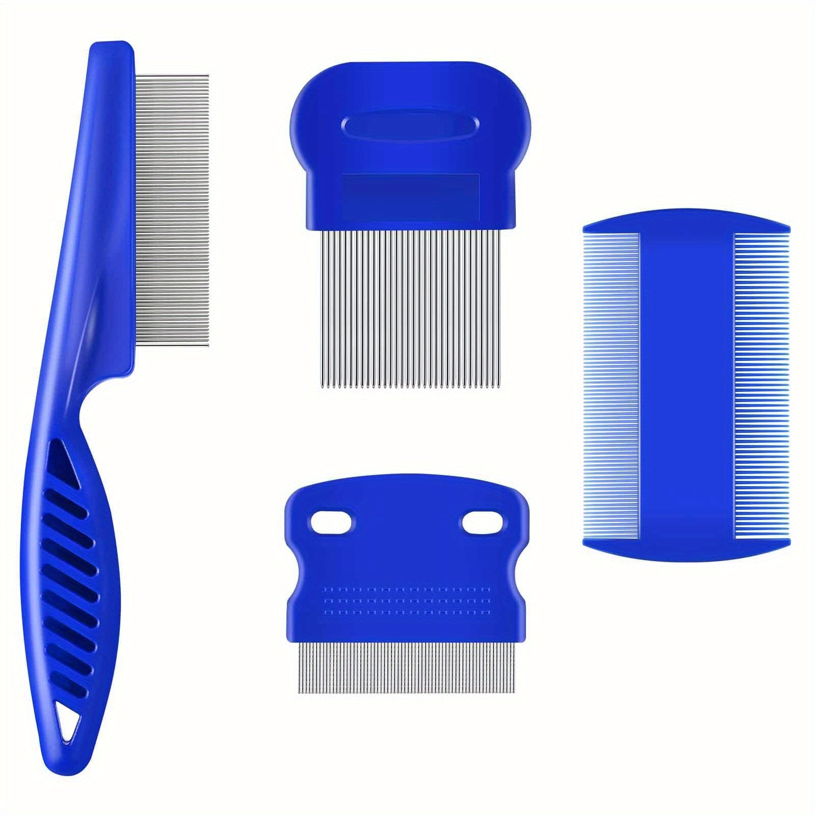 4pcs Flea & Lice Comb Set for Dogs and Cats - Stainless Steel, Blue, Double-Sided with Round Teeth, Ergonomic Handle, Professional Pet Grooming Tools, Ideal for All Pet Sizes, Pet Hygiene Essentials|Doublesided Comb|Durable P