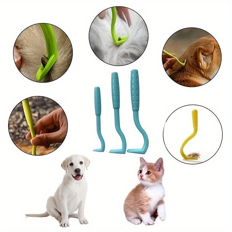 3-Pack Plastic Flea Removal Tools, Tick Hooks for Dogs and Cats, Pet Lice and Tick Remover Set for Home and Pet Hygiene, Uncharged - for Cats and Other Pets