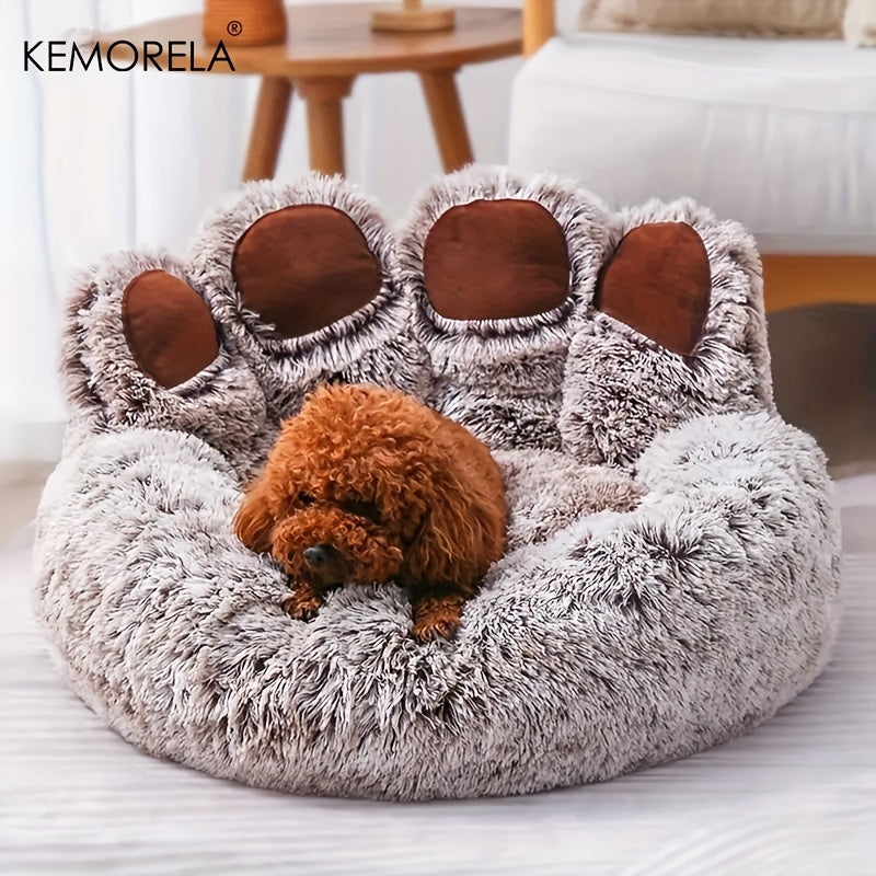 [KEMORELA Plush Pet Bed] KEMORELA Soft Bear Paw-Shaped Plush Pet Bed | Non-Slip Bottom, Polyester & Polyester Fiber Fill, Cozy Warm Cat & Dog Bed for Small Pets, Cute Animal-Themed Home Decor