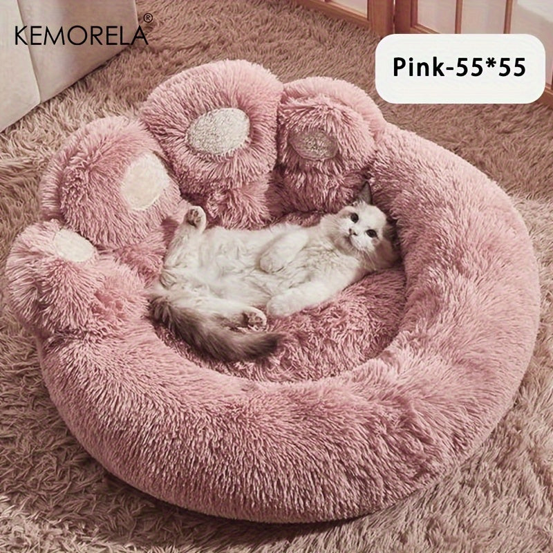 [KEMORELA Plush Pet Bed] KEMORELA Soft Bear Paw-Shaped Plush Pet Bed | Non-Slip Bottom, Polyester & Polyester Fiber Fill, Cozy Warm Cat & Dog Bed for Small Pets, Cute Animal-Themed Home Decor