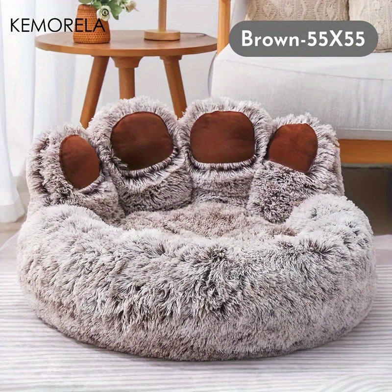 [KEMORELA Plush Pet Bed] KEMORELA Soft Bear Paw-Shaped Plush Pet Bed | Non-Slip Bottom, Polyester & Polyester Fiber Fill, Cozy Warm Cat & Dog Bed for Small Pets, Cute Animal-Themed Home Decor