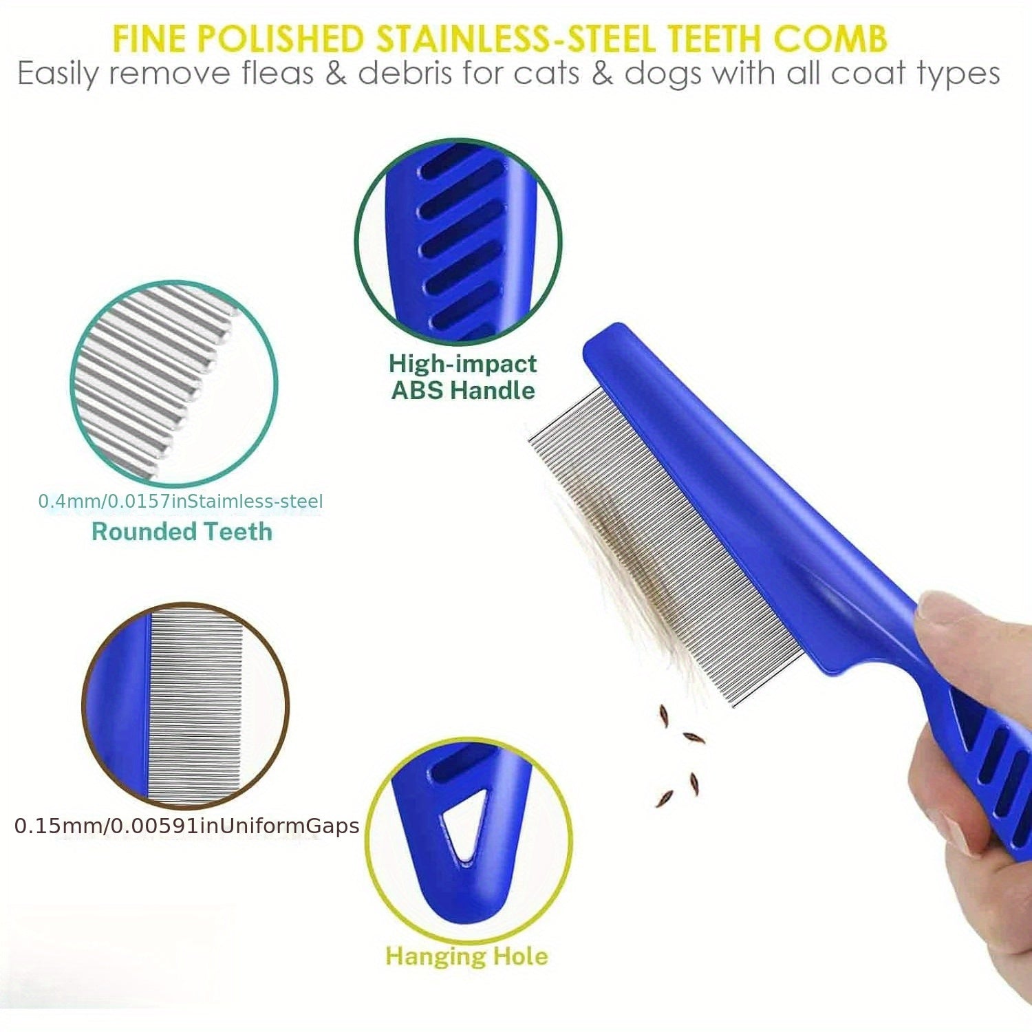 4pcs Flea & Lice Comb Set for Dogs and Cats - Stainless Steel, Blue, Double-Sided with Round Teeth, Ergonomic Handle, Professional Pet Grooming Tools, Ideal for All Pet Sizes, Pet Hygiene Essentials|Doublesided Comb|Durable P