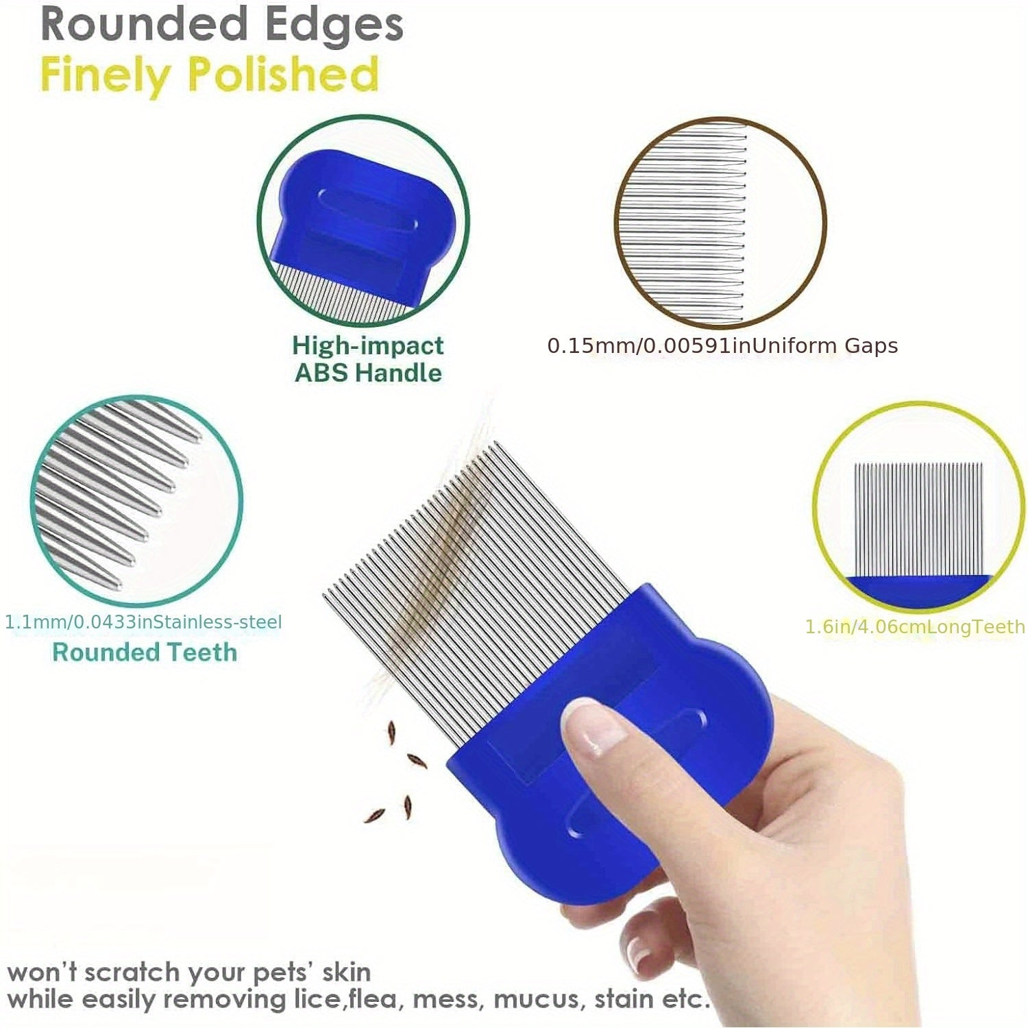 4pcs Flea & Lice Comb Set for Dogs and Cats - Stainless Steel, Blue, Double-Sided with Round Teeth, Ergonomic Handle, Professional Pet Grooming Tools, Ideal for All Pet Sizes, Pet Hygiene Essentials|Doublesided Comb|Durable P