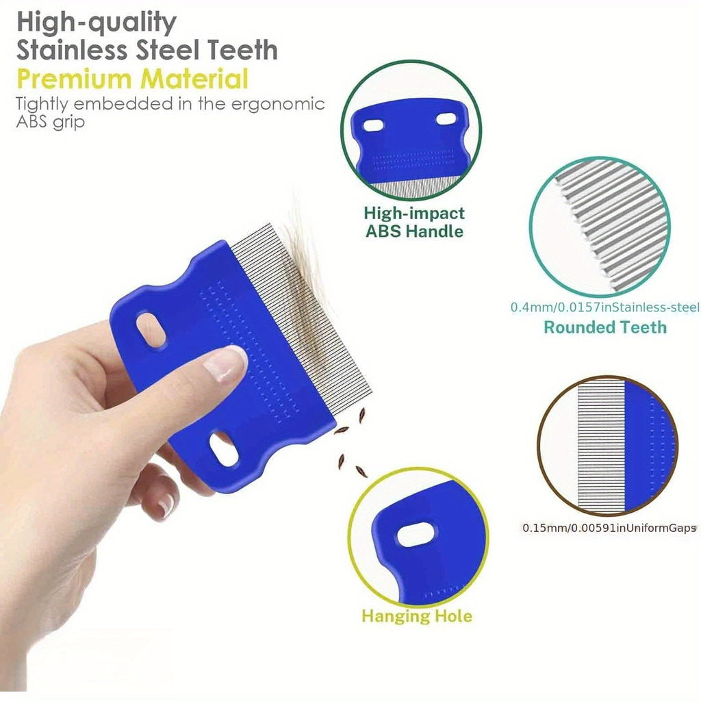 4pcs Flea & Lice Comb Set for Dogs and Cats - Stainless Steel, Blue, Double-Sided with Round Teeth, Ergonomic Handle, Professional Pet Grooming Tools, Ideal for All Pet Sizes, Pet Hygiene Essentials|Doublesided Comb|Durable P