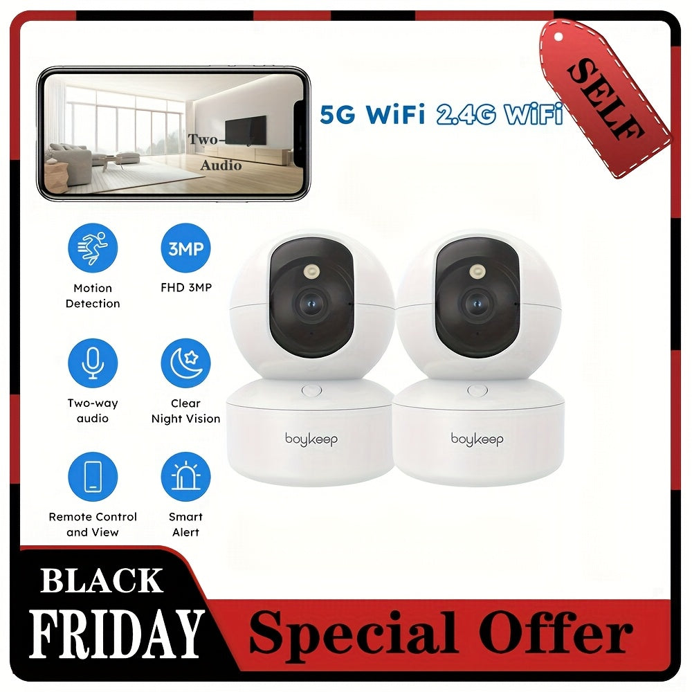 2PCS BoyKeep 5g/2.4ghz WiFi Smart Camera, High-definition Indoor Safety Monitor, Special Safety Camera For Babies And Pets, 360° Panoramic Surveillance Video, Night Vision, Two-way Calls, Memory Card And Cloud Storage, K30