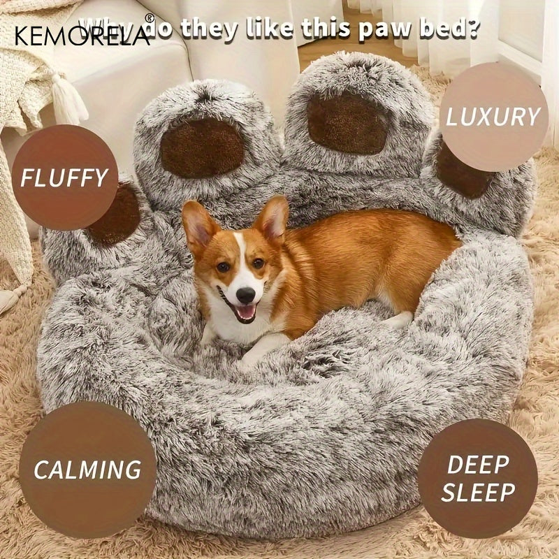 [KEMORELA Plush Pet Bed] KEMORELA Soft Bear Paw-Shaped Plush Pet Bed | Non-Slip Bottom, Polyester & Polyester Fiber Fill, Cozy Warm Cat & Dog Bed for Small Pets, Cute Animal-Themed Home Decor