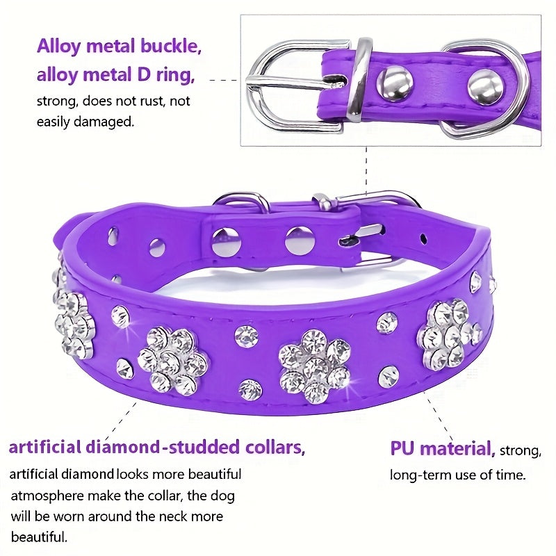 Adjustable Bling Dog Collar with Flower Rhinestones, Hand Wash Only, for Small to Large Pets, Cute Sparkling Pet Collar