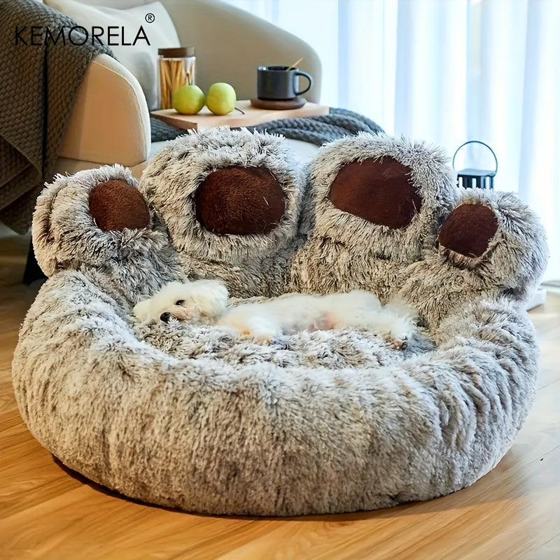 [KEMORELA Plush Pet Bed] KEMORELA Soft Bear Paw-Shaped Plush Pet Bed | Non-Slip Bottom, Polyester & Polyester Fiber Fill, Cozy Warm Cat & Dog Bed for Small Pets, Cute Animal-Themed Home Decor