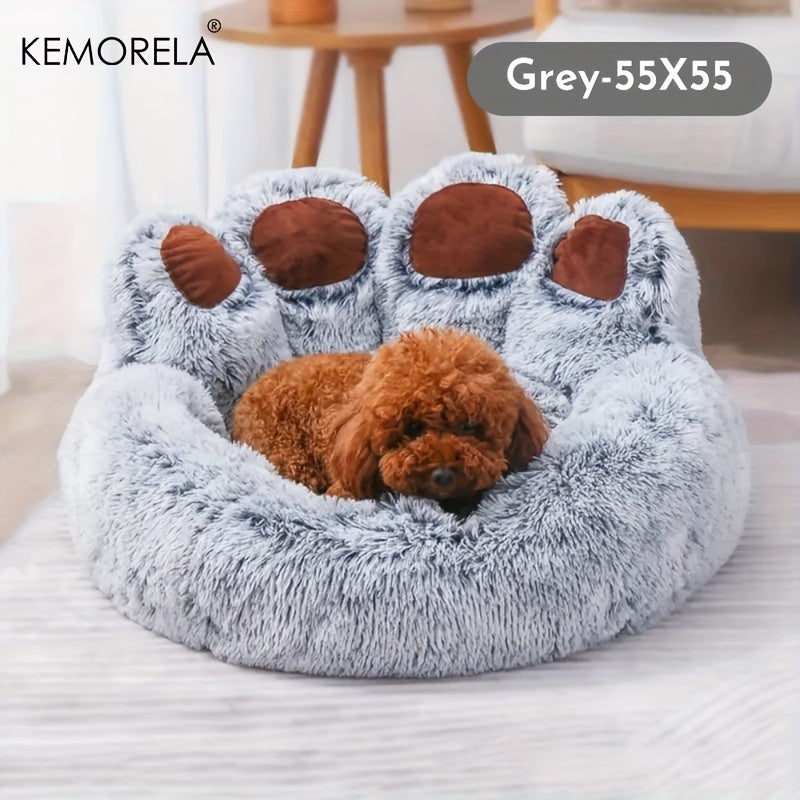 [KEMORELA Plush Pet Bed] KEMORELA Soft Bear Paw-Shaped Plush Pet Bed | Non-Slip Bottom, Polyester & Polyester Fiber Fill, Cozy Warm Cat & Dog Bed for Small Pets, Cute Animal-Themed Home Decor