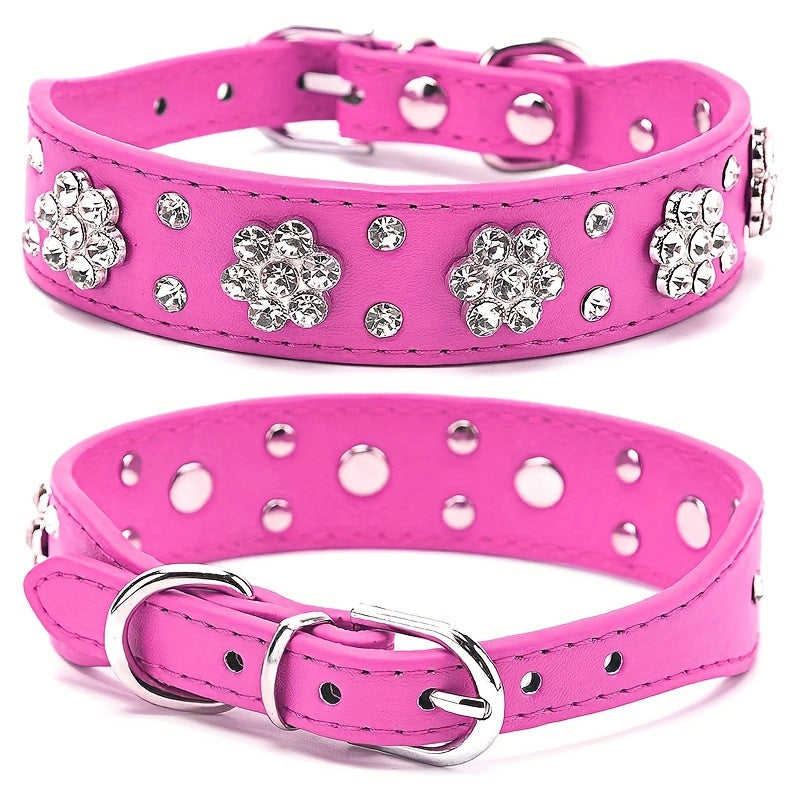 Adjustable Bling Dog Collar with Flower Rhinestones, Hand Wash Only, for Small to Large Pets, Cute Sparkling Pet Collar